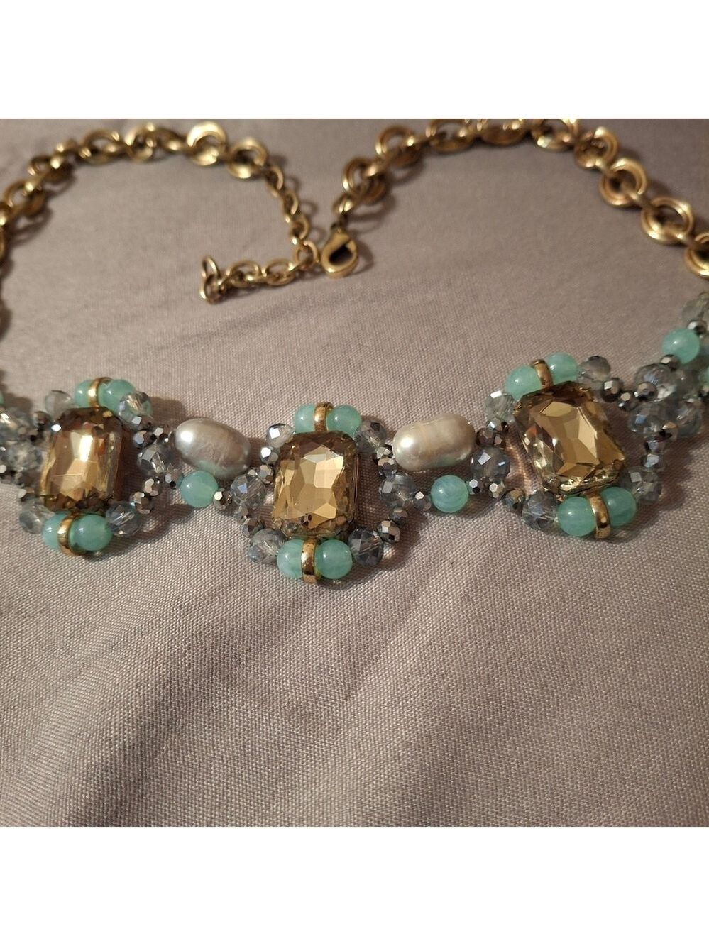 Genuine pearls, natural Jade and rhinestones 18" + ext Statement Necklace - Picture 8 of 11